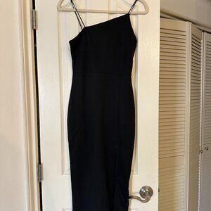 Black Asymmetrical Midi Dress with Slit - Size S